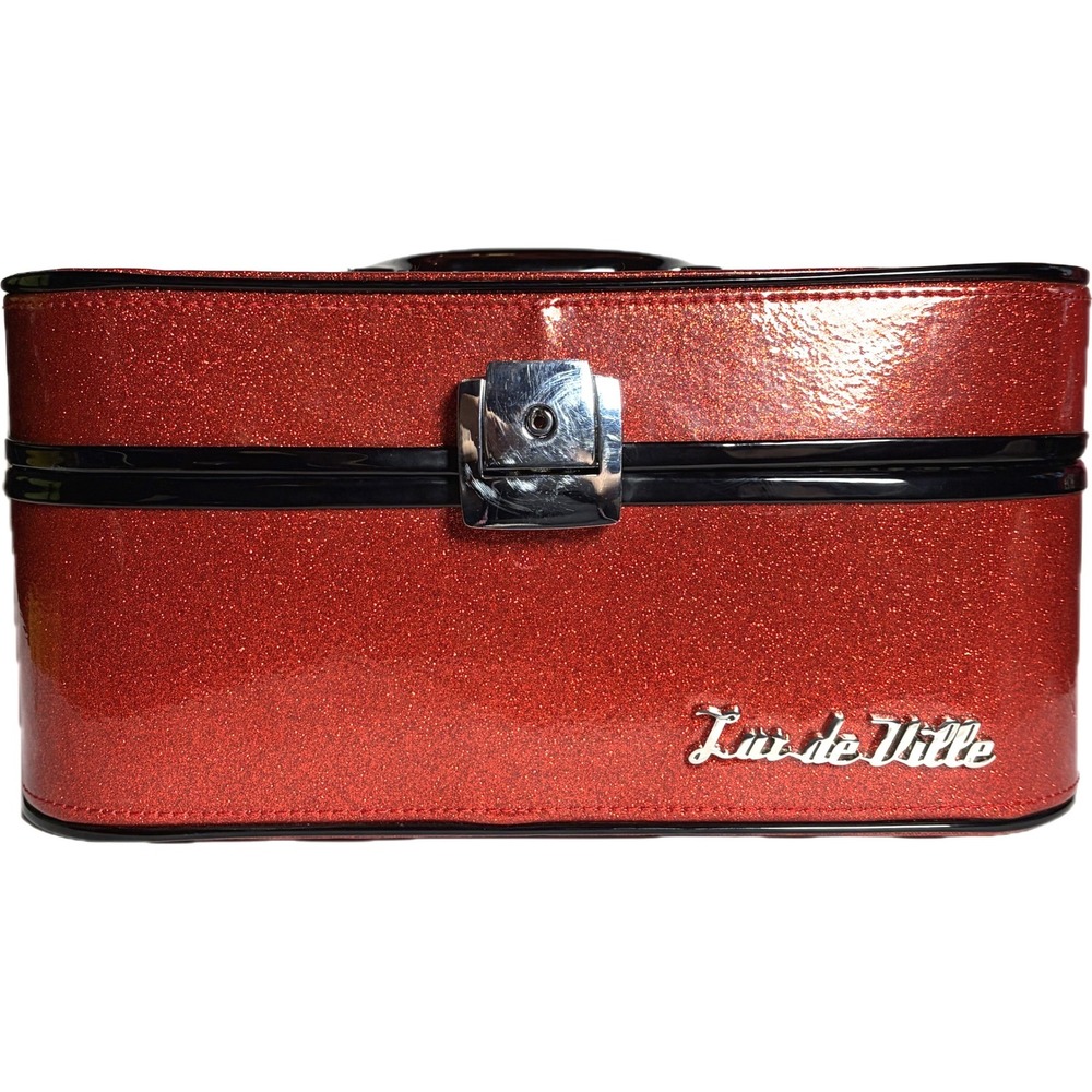 Lux de Ville Red Glitter Vanity Case Leopard Print Retro Pinup Makeup Trunk Bag
